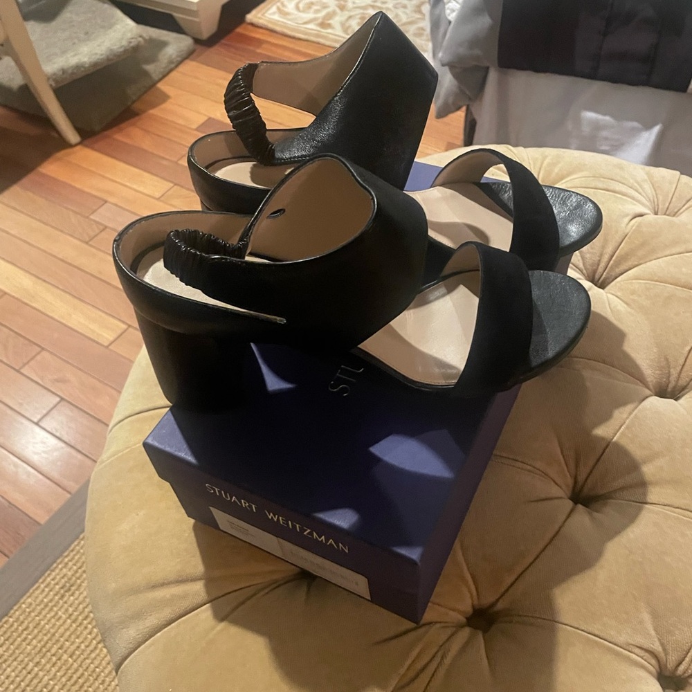 Stuart Weitzman Black Suede Open-Toe Heels